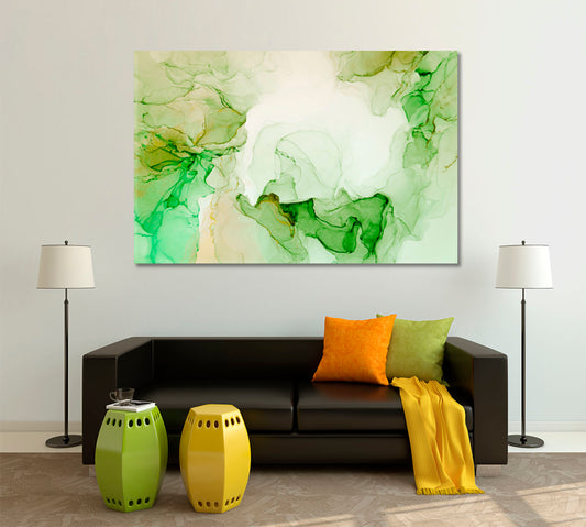 Ink Abstract Soft Green Color Bright Modern Contemporary Fluid Art, Oriental Marbling Canvas Print Artesty