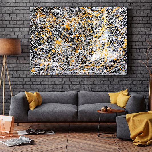 Abstract Drip White Black Yellow Modern Expressionist Contemporary Art Artesty 1 panel 24" x 16"