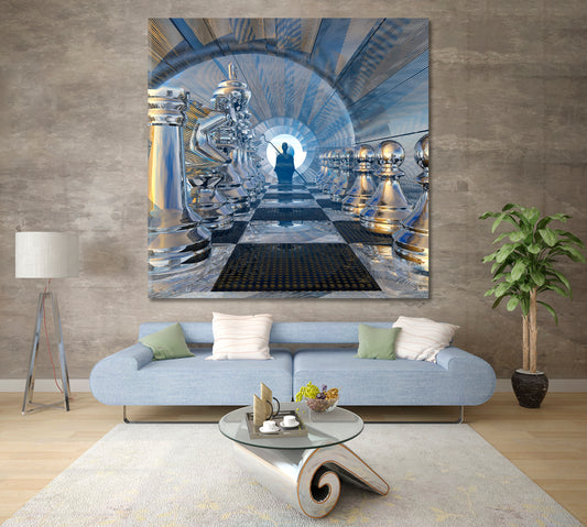 FANTASY Surreal Silent Watcher on the Chessboard Canvas Print - Square Panel Surreal Fantasy Large Art Print Décor Artesty