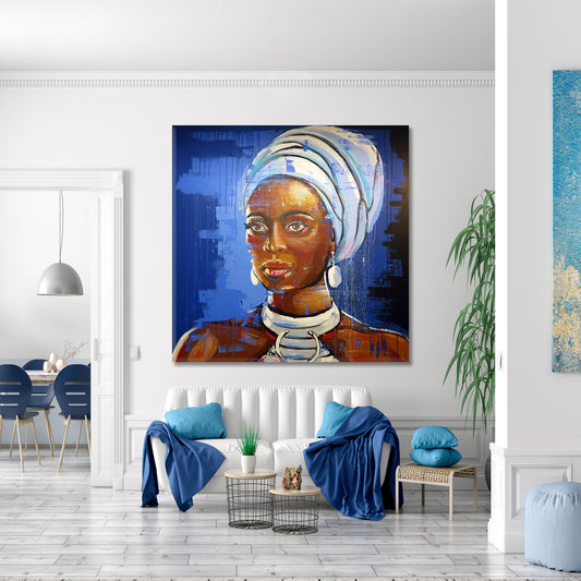 Portrait African Young Black Woman Traditional Ethnic Headscarf | Square African Style Canvas Print Artesty 1 Panel 12"x12"