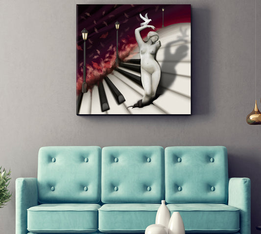 Woman Sculpture and Bird in Fantasy Piano World Abstract Artwork Music Wall Panels Artesty