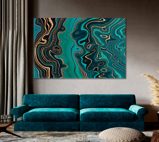 Abstract Green Turquoise Emerald Wavy Lines Gold Glitter Veins Fluid Art, Oriental Marbling Canvas Print Artesty 1 panel 24" x 16"