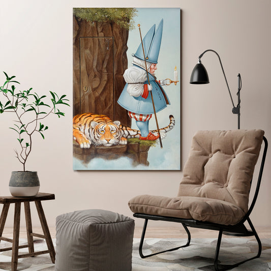 SECRET DOOR Gnome With Candle & Tiger Surrealistic Painting Surreal Fantasy Large Art Print Décor Artesty