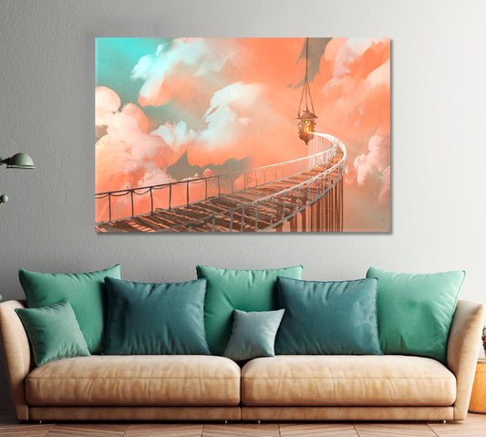 Mystical Surreal Coral Clouds Rope Bridge Hanging Lamp Surreal Fantasy Large Art Print Décor Artesty 1 panel 24" x 16"