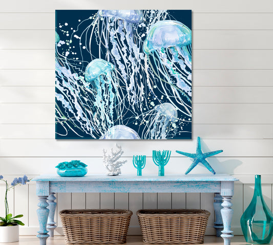 JELLYFISH | Blue Ocean Abstract Jellyfish Canvas Print - Square Panel Nautical, Sea Life Pattern Art Artesty