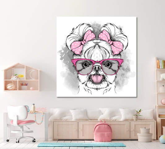 Cute Yorkshire Terrier Puppy Girl Pet Fashion Funny Whimsical Animal - S Kids Room Canvas Art Print Artesty