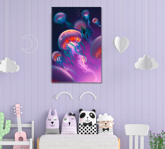 Large Jellyfish and Divers Purple Imagination Underwater Surreal Fantasy Large Art Print Décor Artesty 1 Panel 16"x24"