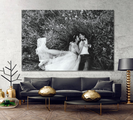 HAPPINESS Happy Life Couple Bride and Groom Wedding Love Family Marriage B&W Black and White Wall Art Print Artesty 1 panel 24" x 16"