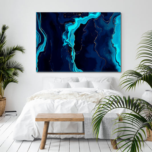 Oriental Style Blue Marble Artistic Pattern Trendy Modern Abstract Canvas Print Fluid Art, Oriental Marbling Canvas Print Artesty 1 panel 24" x 16"