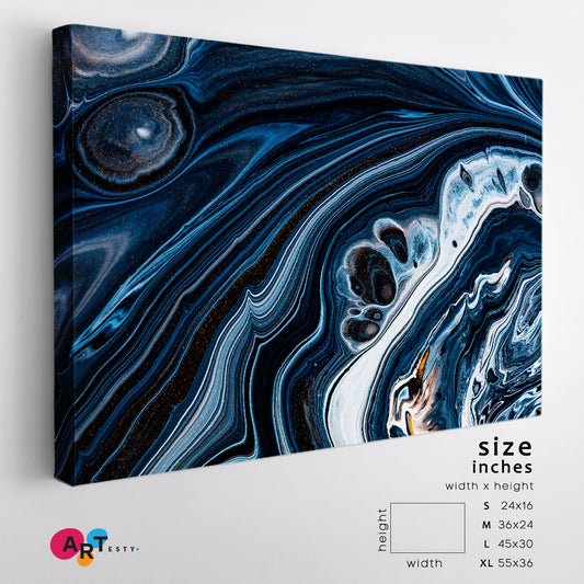Black Navy Blue Swirling Flows Fluid Acrylic Abstract Iridescent Marble Effect Fluid Art, Oriental Marbling Canvas Print Artesty
