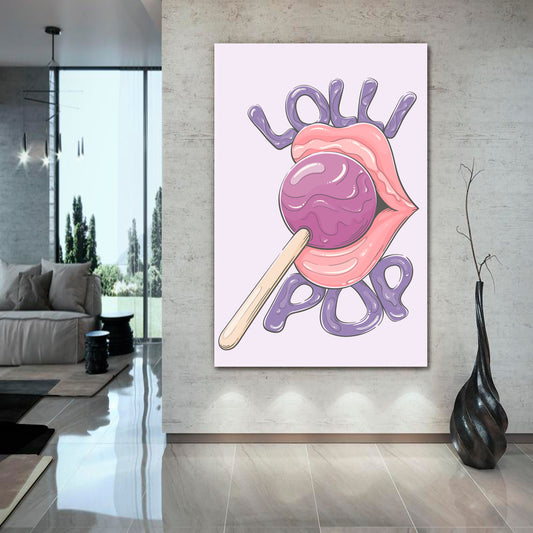 POP ART Woman's Lips Soft Purple Lilac Violet Colorful Lollipop - V Pop Art Canvas Print Artesty
