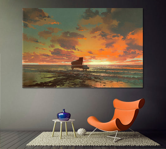 SURREAL DREAMLIKE Piano On The Beach Unreal Sunset Artistic Artwork Surreal Fantasy Large Art Print Décor Artesty