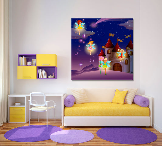 Castle Fairies Flying Sweet Kids Baby Nursery Wall Art Canvas Print | Square Panel Kids Room Canvas Art Print Artesty