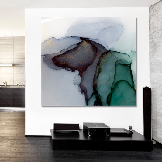 Grey Green Purple Tones Ink Paint Fluid Design Fluid Art, Oriental Marbling Canvas Print Artesty