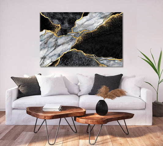 GRAY Marble Granite Gold Veins Abstract Giclée Print Fluid Art, Oriental Marbling Canvas Print Artesty