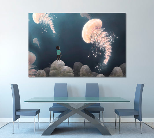 Fantasy Landscape Boy Giant Jellyfish Imaginary Surreal Painting Surreal Fantasy Large Art Print Décor Artesty