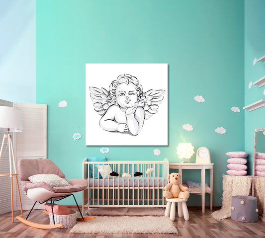 Little Angel Cupid, Wedding Large Poster, Valentines Day Wall Art Canvas Print | Square Panel Kids Room Canvas Art Print Artesty