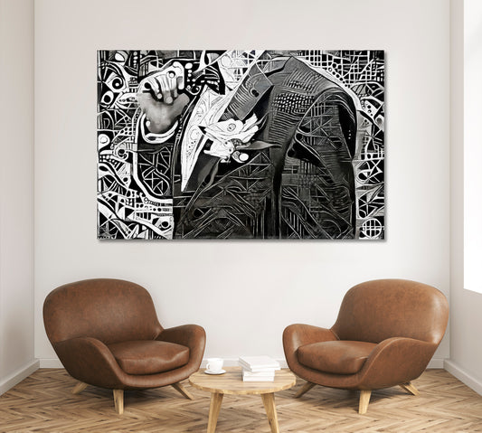 Man Jacket Bow Abstract Geometric Modern Cubism Futurism Black and White Wall Art Print Artesty