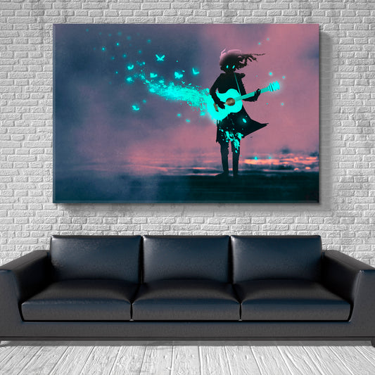 MUSIC OF THE NIGHT Fantastic Neon Glowing Guitar Sparks Purple Space Surreal Fantasy Large Art Print Décor Artesty 1 panel 24" x 16"