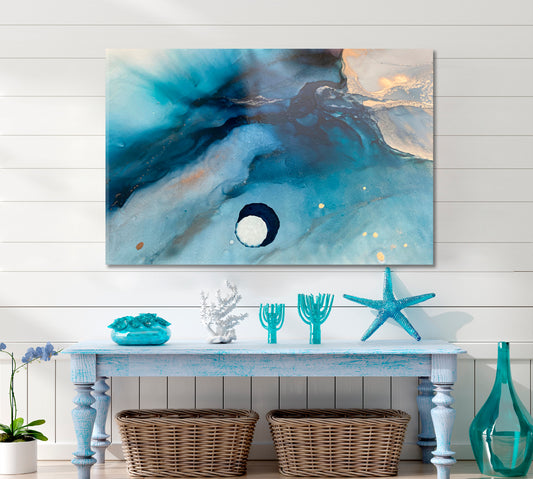 ABSTRACT Translucent Marbling Blue And Gold Viens Fluid Art, Oriental Marbling Canvas Print Artesty