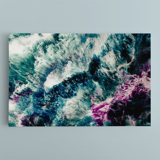 INK MIX Teal Blue Green White Purple Wave Splash Foam Effect Fluid Art, Oriental Marbling Canvas Print Artesty