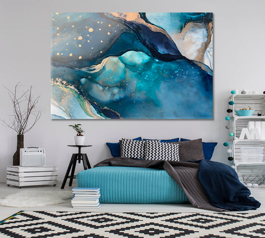 Japanese Marbling Alcohol Ink Mixture of Colors Blue & Gold Fluid Art, Oriental Marbling Canvas Print Artesty