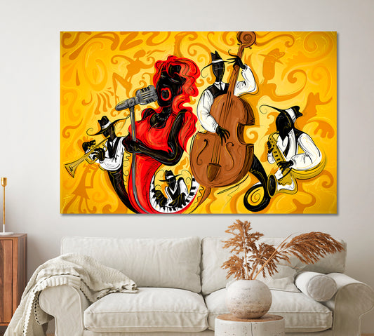 Music Jazz Musical Instruments Double Bass Saxophone Trumpet Music Wall Panels Artesty 1 panel 24" x 16"