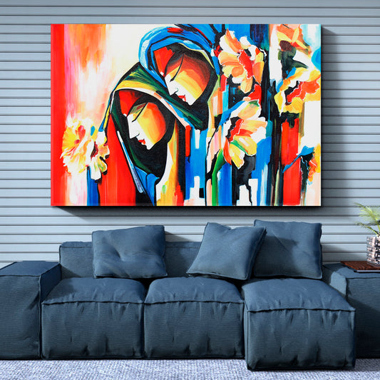 Blue Red Lord Radha Krishna with Flute Religious Modern Art Artesty 1 panel 24" x 16"