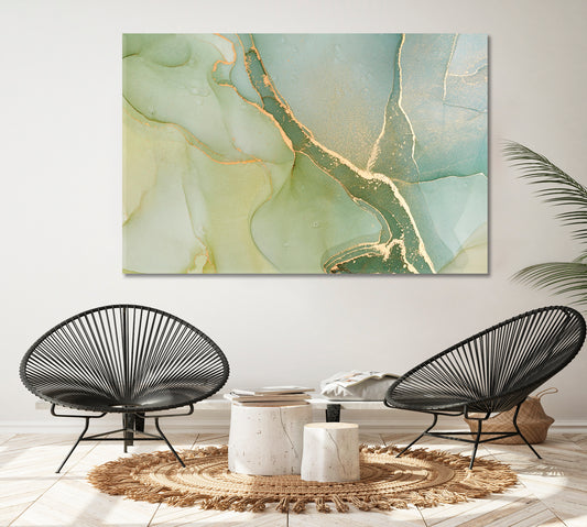 Soft Green Blue Pastel Ink Colors Marble Abstract Fluid Art, Oriental Marbling Canvas Print Artesty