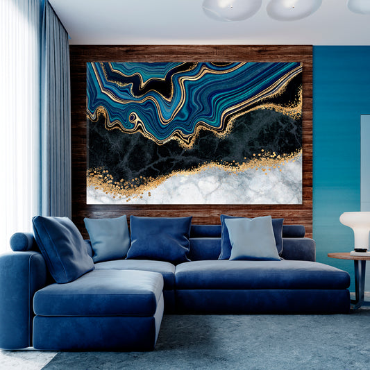 Blue Agate Golden Veins White Black Marble Pattern Abstract Art Print Artesty 1 panel 24" x 16"