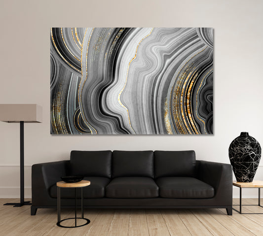 MARBLE EFFECT series GREY BLACK & Gold Abstract Swirl Artistic Design Giclée Print Fluid Art, Oriental Marbling Canvas Print Artesty 1 panel 24" x 16"