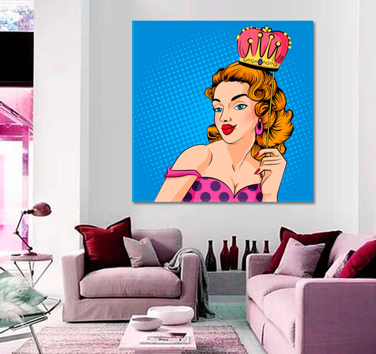 PRINCESS Retro Pop Style Woman with Party Crown Pop Art Canvas Print Artesty