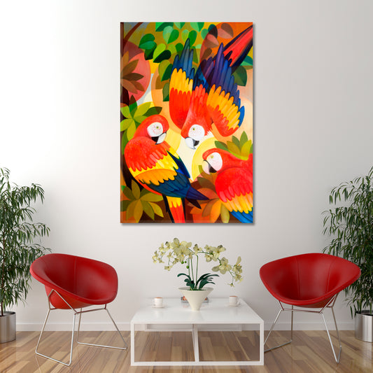BIRDS AND RAINFOREST Adorable Wild Macaw Parrots Tropical Abstract Animals Canvas Print Artesty