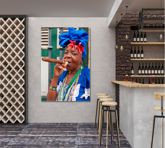 Havana Iconic distinct culture Cuba Attraction Lady Smoking Huge Cigar Canvas Print - Vertical Photo Art Artesty
