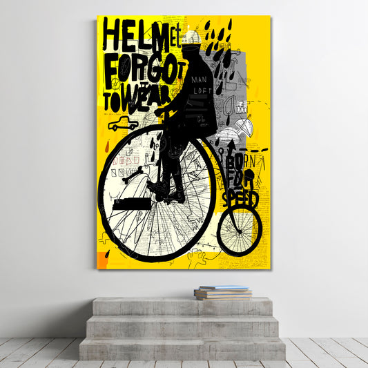 Man Riding Old Retro Bicycle Graffiti Style Yellow Poster Abstract Art Print Artesty