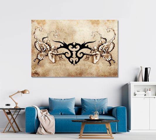 TRIBAL WITH TWO NYMPHS Angels on Vintage Background Vintage Affordable Canvas Print Artesty