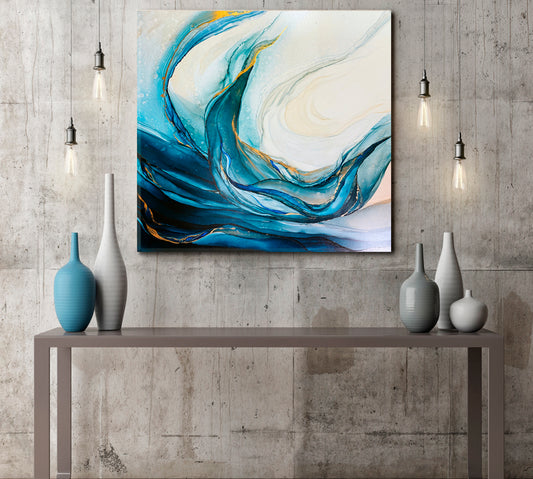 Abstract Marble Clouds Emerald Ocean Tidewater Blue Green Waves Fluid Art, Oriental Marbling Canvas Print Artesty