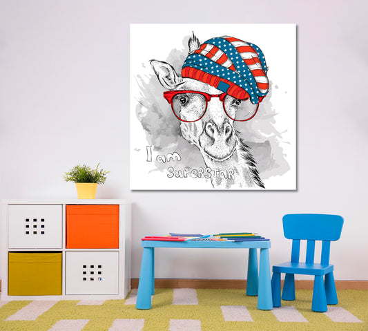 SUPERSTAR Cute Giraffe Hipster USA Hat Baby Room Canvas Print | Square Panel Animals Canvas Print Artesty
