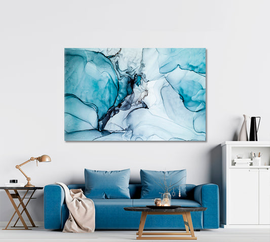 Abstract Blue Modern Highly-textured Marble Ink Pattern Fluid Art, Oriental Marbling Canvas Print Artesty