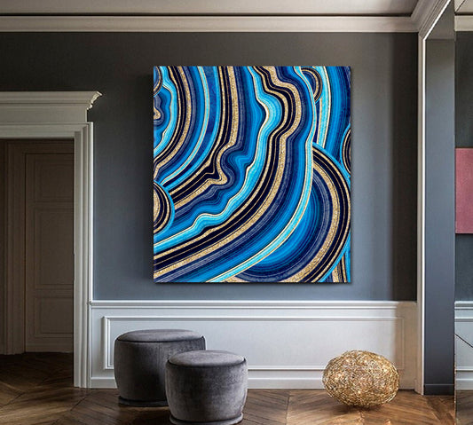 Agate with Blue and Gold Veins Swirls of Marble Canvas Print - Square Abstract Art Print Artesty