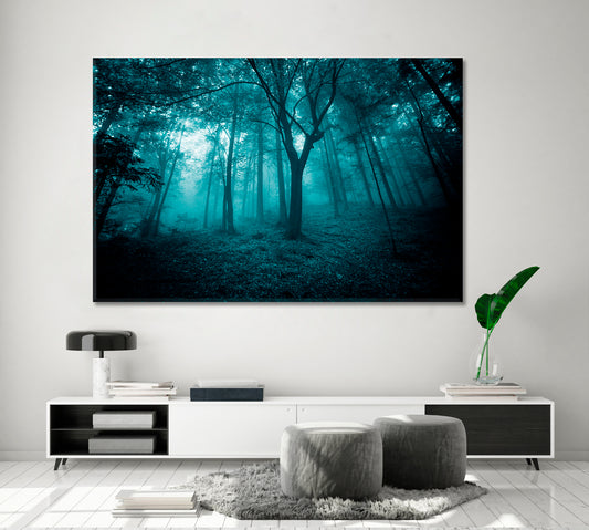 Mystic Turquoise Foggy Fairy Tale Forest Trees Landscape Nature Wall Canvas Print Artesty 1 panel 24" x 16"