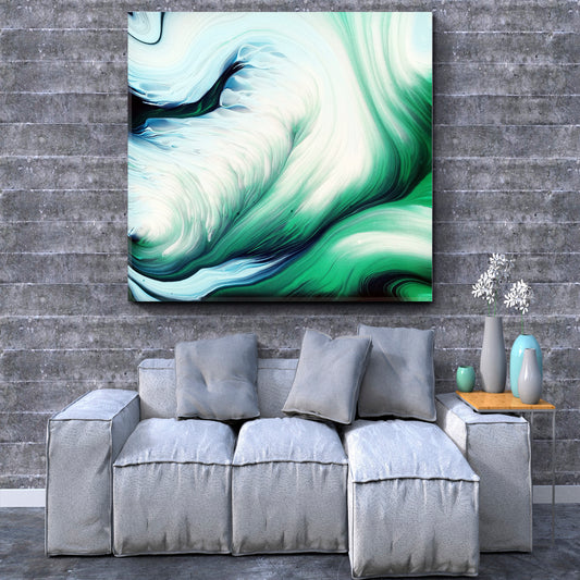 Green Waves Fluid Art Fluid Art, Oriental Marbling Canvas Print Artesty