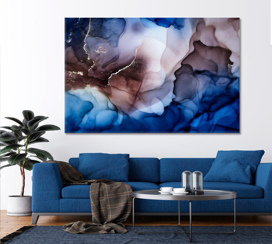 Navy Blue Purple Alcohol Ink Pattern Translucent Marble Fluid Art, Oriental Marbling Canvas Print Artesty