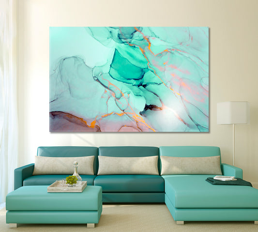 Turquoise Green Ink Paint Abstract Marble Fluid Art, Oriental Marbling Canvas Print Artesty