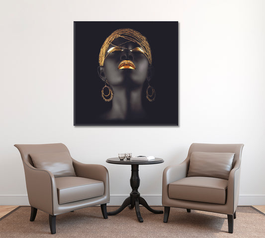 BEAUTIFUL Black and Gold African Woman Fantastic Make Up Face | Square Fashion Canvas Print Artesty