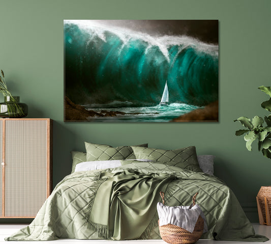 HURRICANE Sailing Ship Tsunami Storm Ocean Big Waves Nautical, Sea Life Pattern Art Artesty