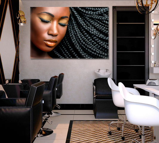 BEAUTY African Girl Professional Makeup Black Braided Hairstyle Beauty Salon Artwork Prints Artesty