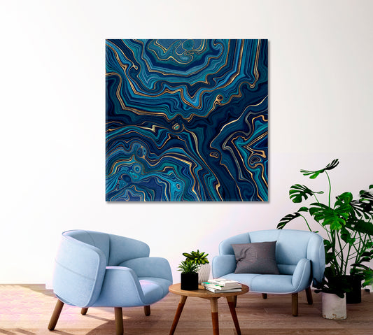 Dark Blue And Gold Abstract Marble Effect Canvas Print - Square Abstract Art Print Artesty