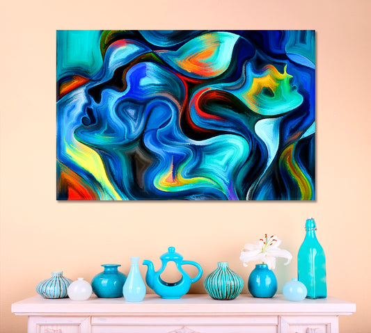 Unity, Surreal Human Profiles and Graceful Lines in Vivid Colors Consciousness Art Artesty 1 panel 24" x 16"