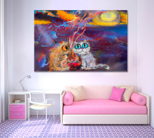 Two Kitten By the Fire Funny Cats Big Eyes Whimsical Animals Canvas Print Animals Canvas Print Artesty
